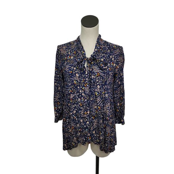 Anthropologie Maeve Navy Flora Tie Neck Swing Blouse Womens Size Small - Picture 1 of 11